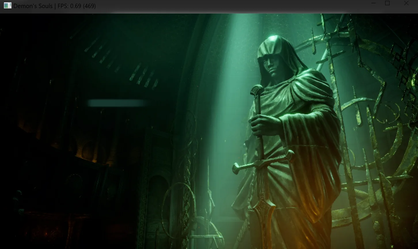 Demon's Souls: A player's own copy on an Intel + NVIDIA PC: the menu art draws, but the menu text is missing.