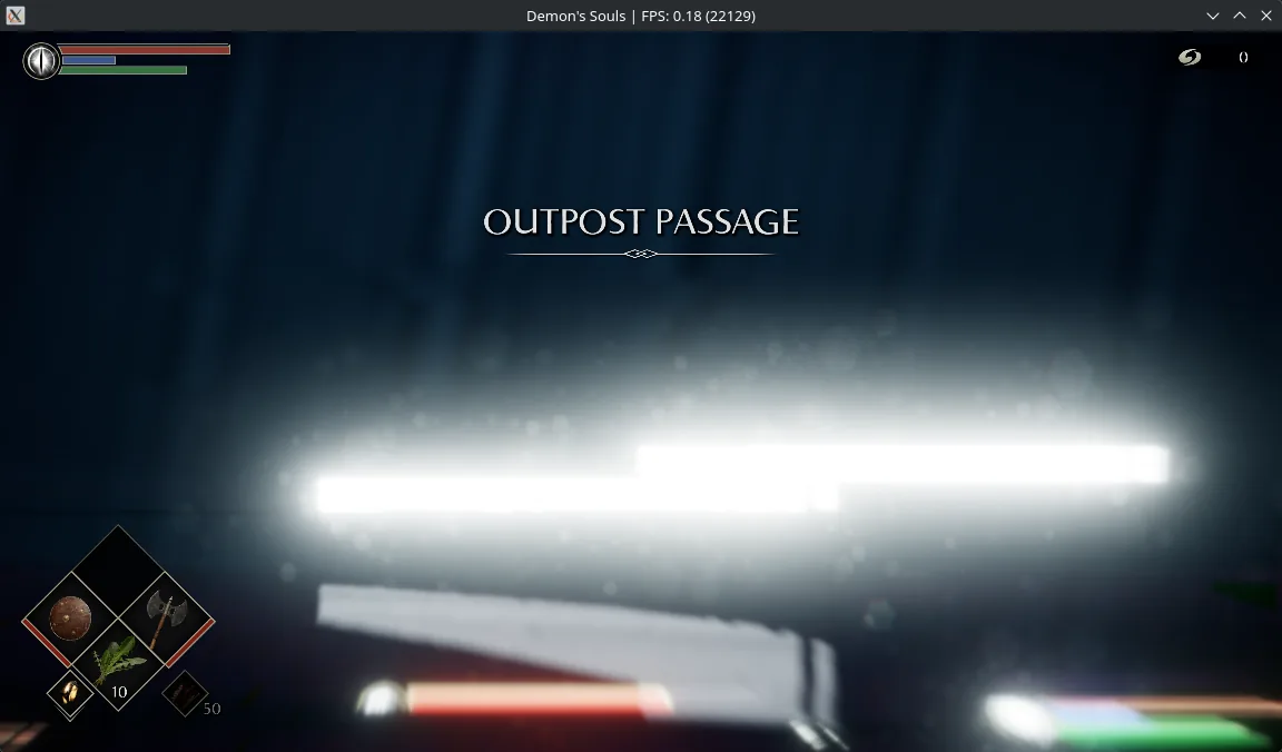 Demon's Souls: The tutorial level with the lighting problem: the HUD is correct, the 3D scene is washed out.