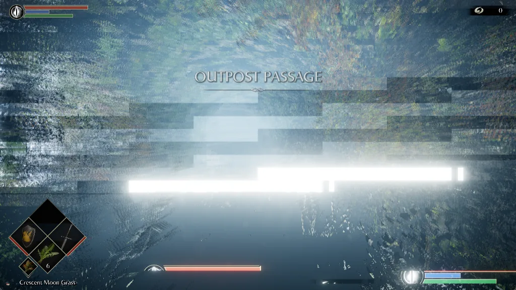 Demon's Souls: The tutorial level on a cold shader cache: terrain and foliage are visible because the shadow and fog passes have not compiled yet.