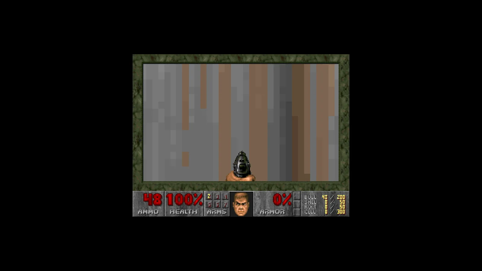 DOOM (homebrew port): Linux run: second of the three launcher and E1M1 screenshots.