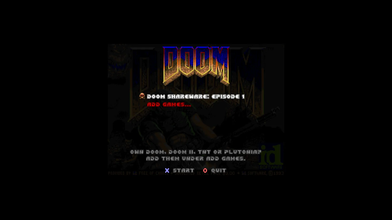 DOOM (homebrew port): Linux run: third of the three launcher and E1M1 screenshots.