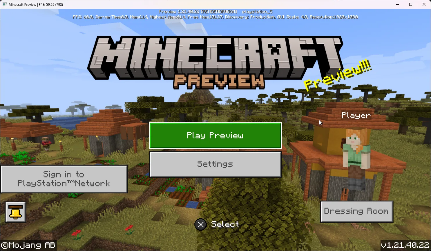 Minecraft (including Minecraft Preview): Minecraft Preview 1.21.40.22 on the title screen, running at 60 fps in the AnyPS5 window (Windows).