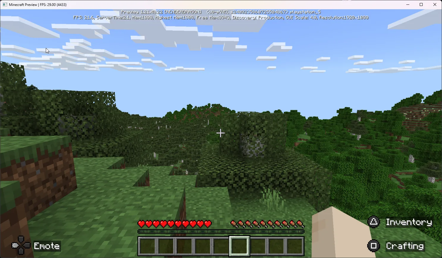 Minecraft (including Minecraft Preview): Minecraft Preview inside a world: forest terrain, hearts and hotbar on screen, the in-game counter shows about 21.6 fps.
