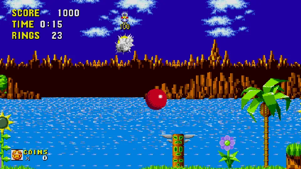 Sonic Origins: Sonic 1 with Knuckles in Green Hill Zone, a second frame.