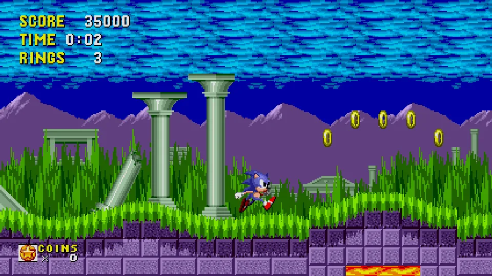 Sonic Origins: Sonic 1 inside Origins: Marble Zone Act 1.