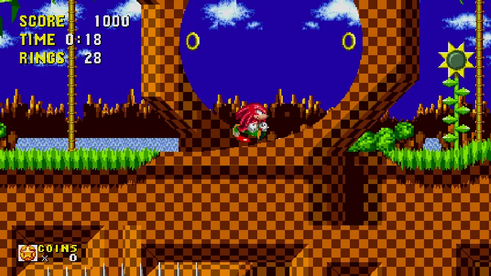Sonic Origins: Sonic 1 with Knuckles in Green Hill Zone.